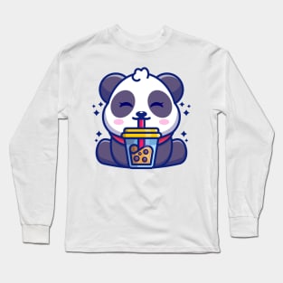 Cute panda drinking boba milk tea cartoon Long Sleeve T-Shirt